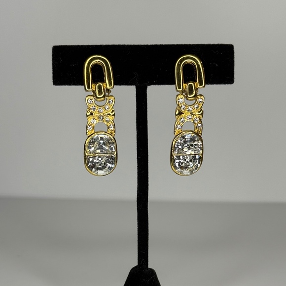 Gold Tone Clip On Crystal Rhinestone Earrings - Picture 1 of 4